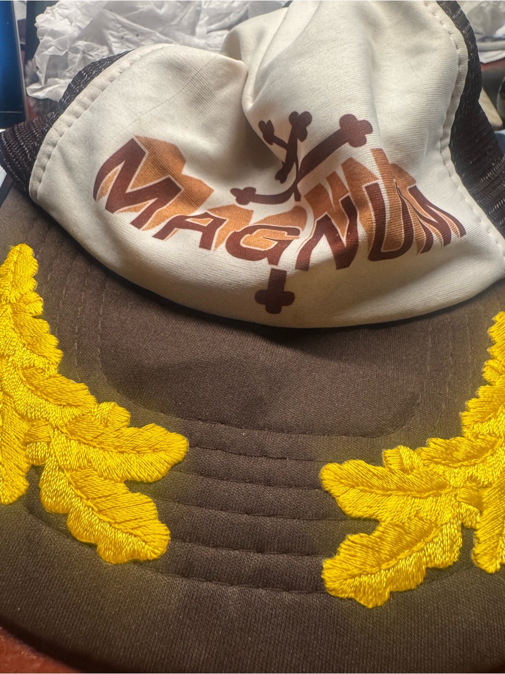 Magnum Brown & Cream Trucker Hat with Yellow Embroidery